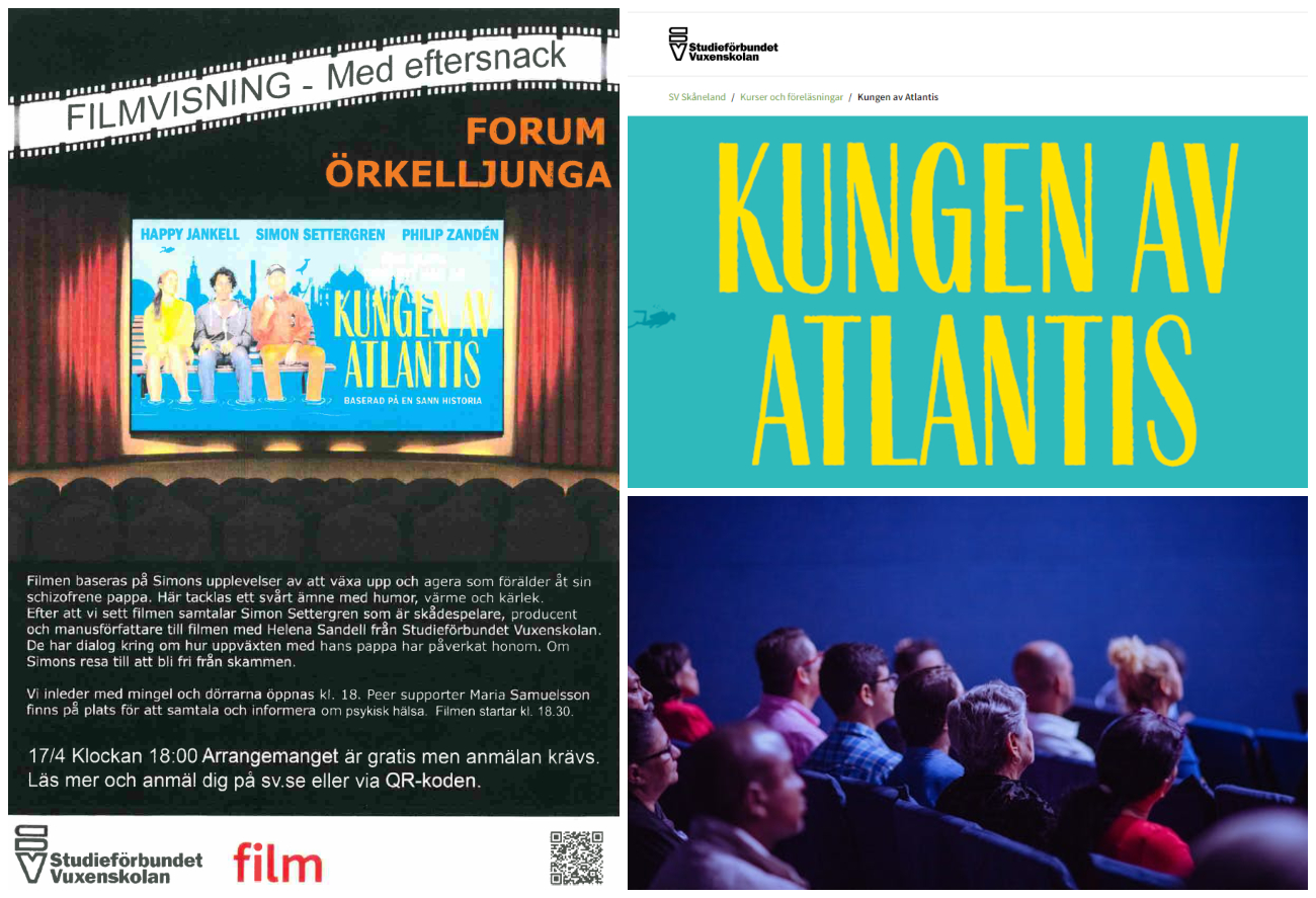 Bildcollage med information om filmvisning Kungen av Atalntis