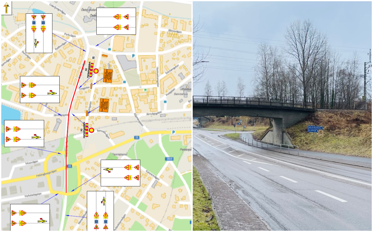 Bildcollage med två bilder där den första visar karta med symboler över sträcka på Oderljungavägen som ska asfalteras och fräsas. Den andra bilden visar Oderljuganvägen och järnvägsviadukten över den.