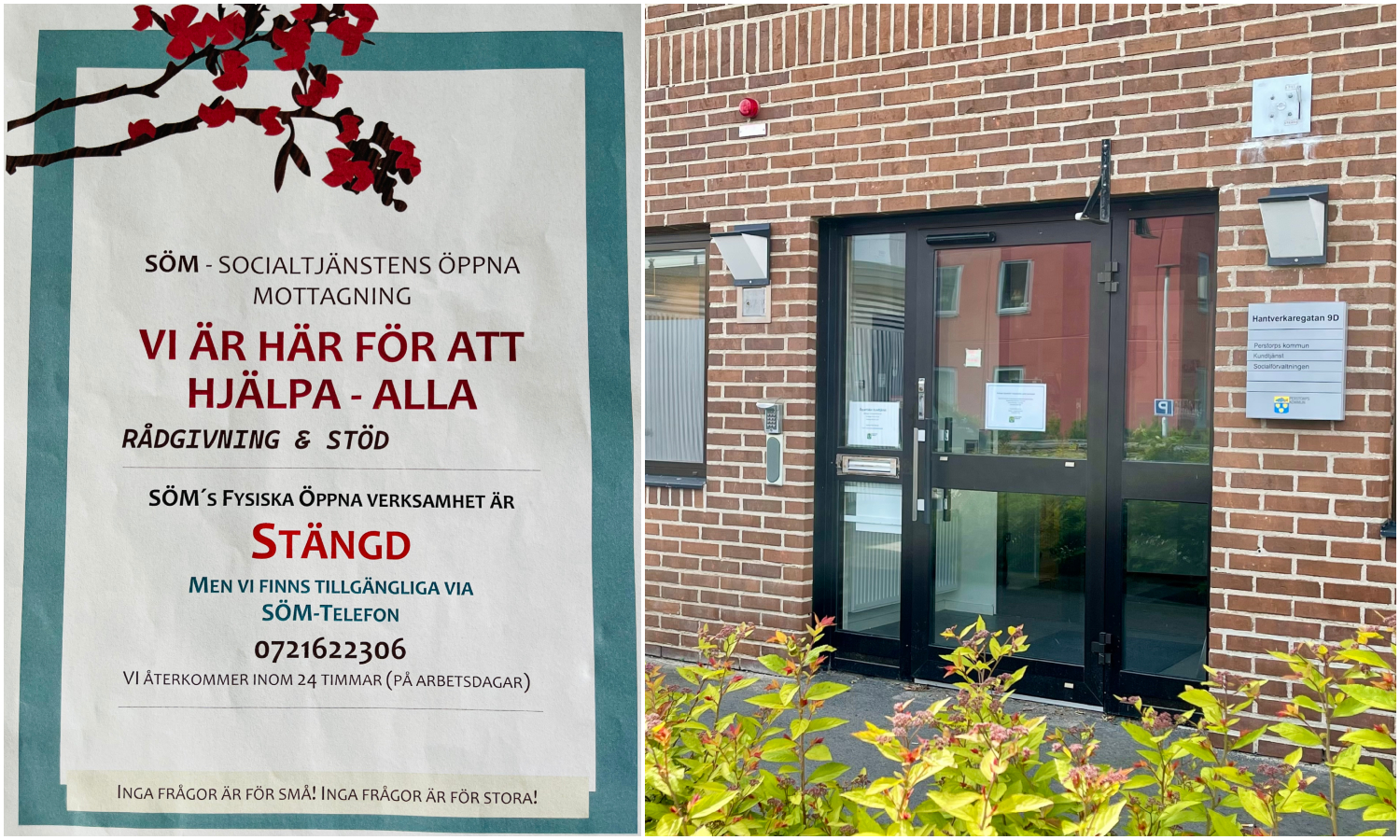 Bildcollage med två bilder som visar textinformation och Socialtjänstens öppna mottagning samt exteriör lokal på Hantverkaregatan