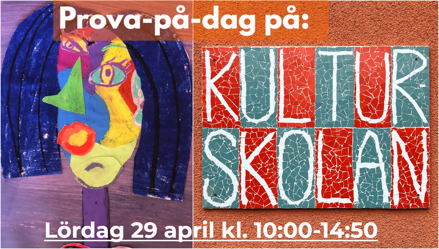 Bildcollage med konstverk i flera nyanser till vänster och i röd-grön mosaisk står Kulturskolan skrivet på bilden till höger