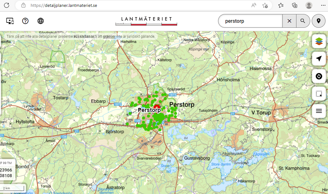 Skärmklipp från Lantmäteriets webbplats för digitala detaljplaner - Perstorp