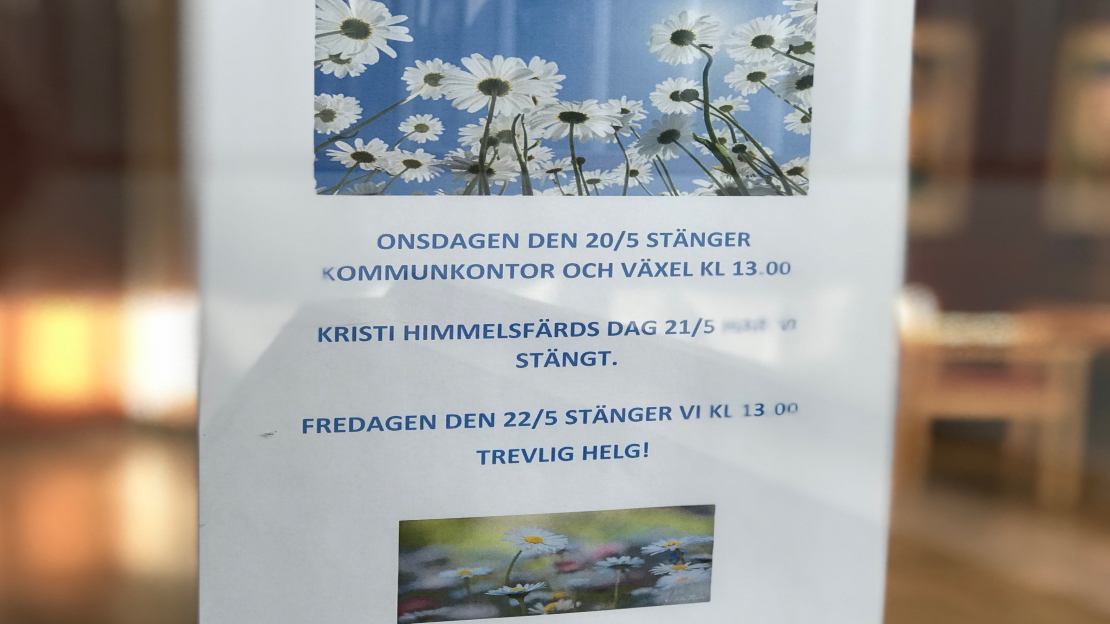 Kommunkontor och växel har avvikande öppettider under Kristi Himmelsfärds. Stänger klockan 13 onsdag och fredag medan det är stäng torsdag 21 maj.