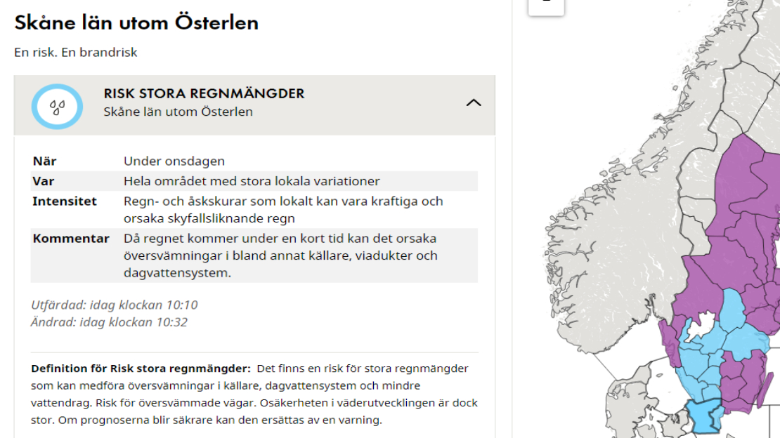 SMHI varnar för risk för stora regnmängder lokalt 19 augusti.