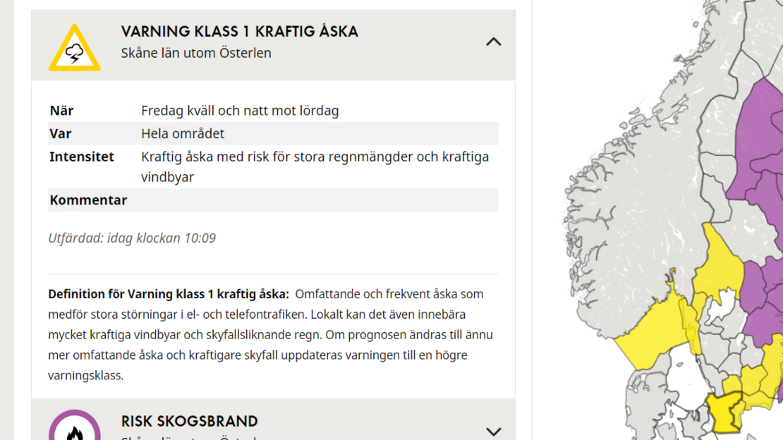 SMHI har utfärdat en klass 1-varning för kraftig åska och skyfall från fredag kväll 21 augusti till lördag morgon 22 augusti.