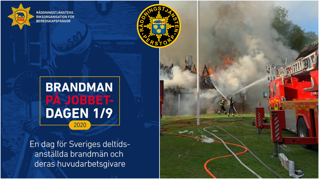 Collagebild med text "Brandman på jobbet-dagen" 1 september och även bild på Räddningstjänsten i Perstorp under arbete med släckning av brand.