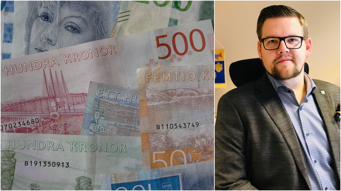 pengar, svenska sedlar i collage tillsammans med kommunstyrelsens ordförande Torgny Lindau (PF)
