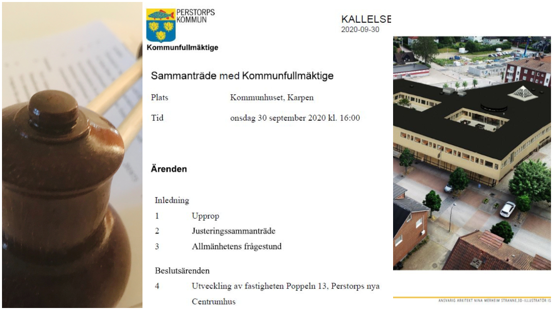 Ordförandeklubba, skärmklipp dagordning kommunfullmäktige 30 september, Renovering av Perstorps kommunhus