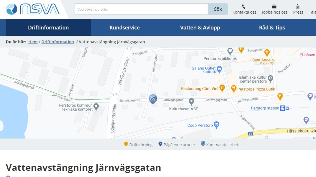 Information om vattenavstängning på Järnvägsgatan från NSVa