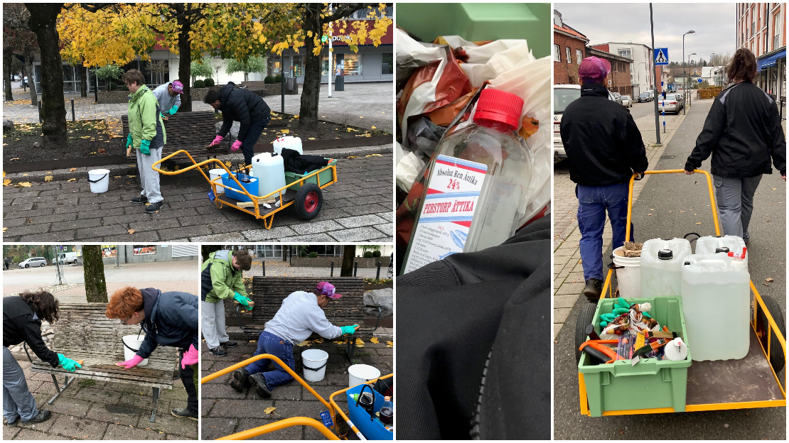 Deltagare från Dagligverksamhet med handledare tvättar bänkar på torget i Perstorp.