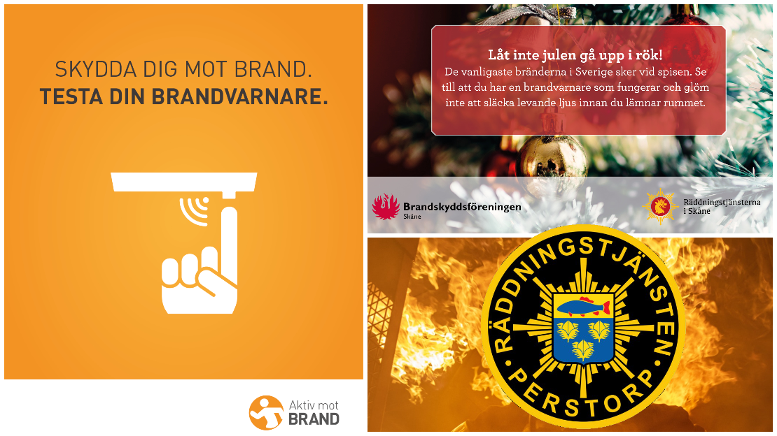 Bildcollage. December och januari är de månader då flest bränder uppkommer. Viktigt därför att ha fungerande brandvarnare. Testa den regelbundet.