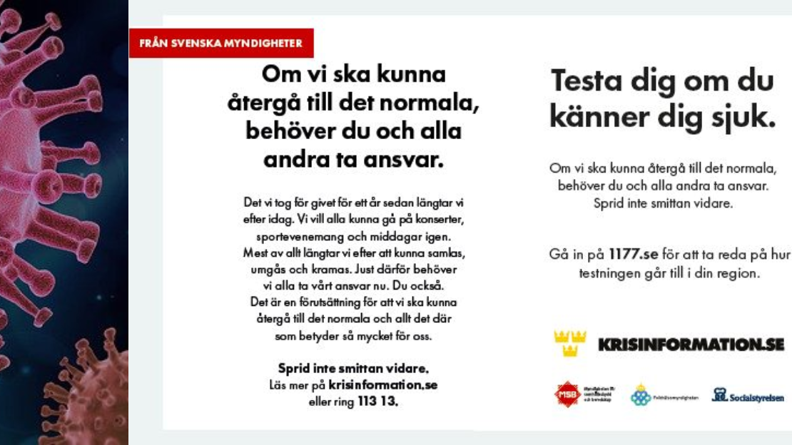 Håll avstånd och ta ansvar. Testa dig om du känner dig sjuk. Covid-19 virus.