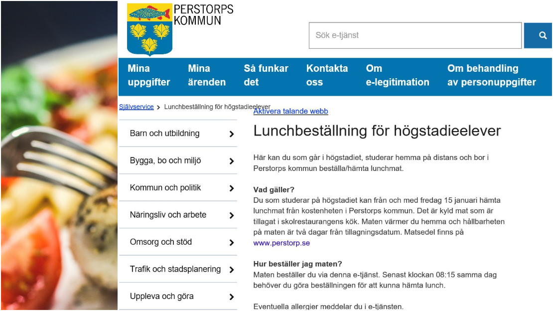 E-tjänst lunchbeställning högstadieelever