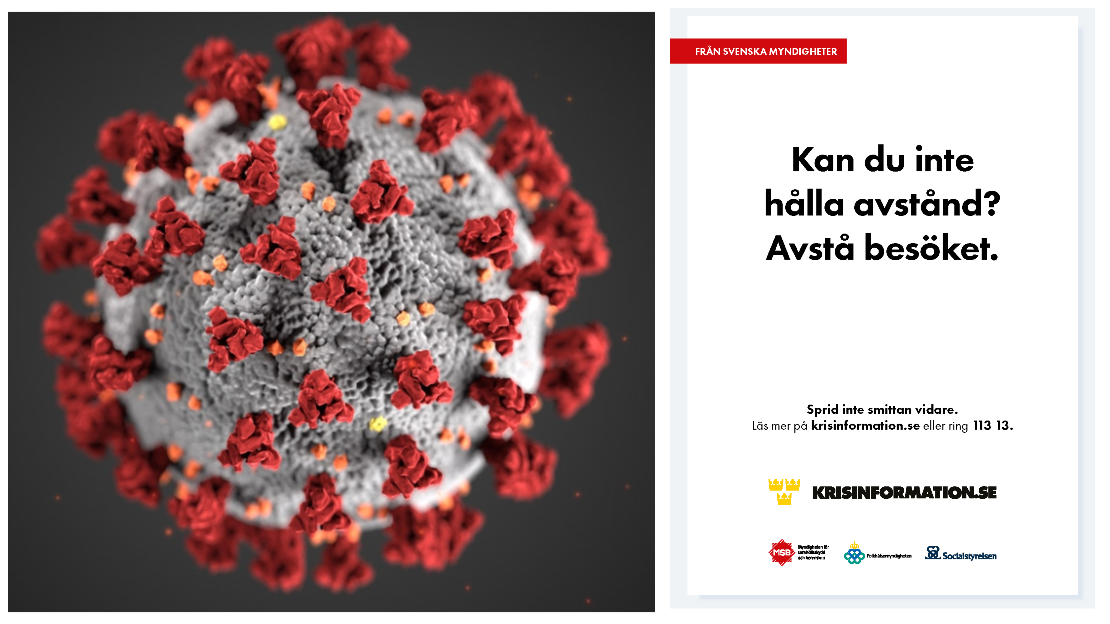 Håll avstånd och ta ansvar. Covid-19 virus. Läget är allvarligt. Testadig vid symtom.