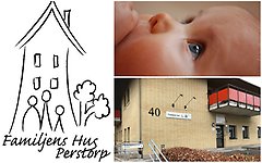 Bildcollage med tre bilder. Exteriör Familjens Hus på Stockholmsvägen 40, ett spädbarn samt logotypen för Familjens Hus