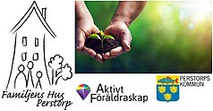 Bildcollage Familjens Hus tillsammans med logotyp Aktivt föräldraskap och Perstorps kommun. Dessutom en bild kupad som en hjärta fylld med lite jord ur vilken en grön växtplanta reser sig. Bakgrunden är grön och i höger bildkant ses solen lyser.