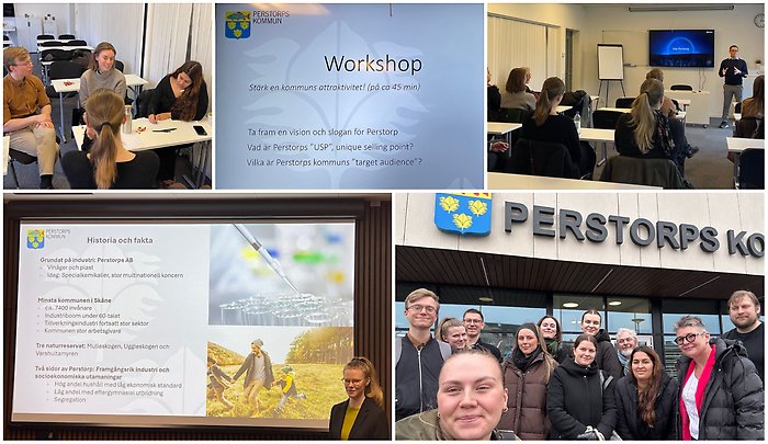 Bildcollage med fem bilder från studiebesök i Perstorp från traineer Familjen Helsingborg. På bilderna syns workshop, exteriör kommunhuset och diskussionsgrupper samt föredrag.