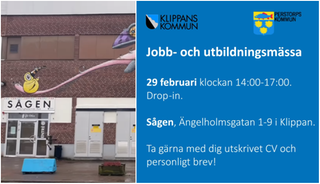 Bildcollage med två bilder där den ena visar exteriör Sågen i Klippan och den andra md blå bakgrund har vit text som informerar om arrangemang den 29 februari klockan 14-17.