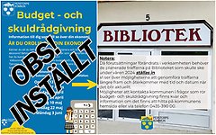 Bildcollage med information om att informationsträffar på biblioteket är inställda. En bild visar illustrerad affisch och den andra exteriör biblioteket