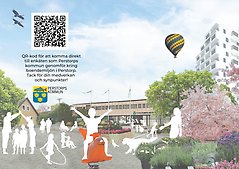 BIldillustration från torget i Perstorp med olika illustartioner och Centrumhuset i bakgrunden. I vänster bildkant ses en QR-kod och text som berättar att det genomförs en enkät om boendemiljön. Under texten ses Perstorps kommuns logotyp i färg,