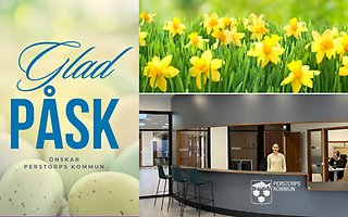 Påsköppet kundtjänst 2025. Bildcollage med påsktema, påskliljor samt interiör kundtjänst entré.