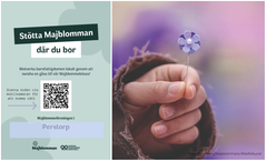 Bildcollage med information om försäljning av första majblomman. Årets majblomma är violfärgad. På den första mindre bilden finns en QR-kod som kan användas till att komma direkt till Majblommeföreningen i Perstorps Majblommebössa.