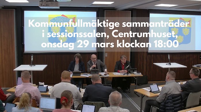Kommunfullmäktige sammanträder i sessionssalen, Centrumhuset, 29 mars 2023
