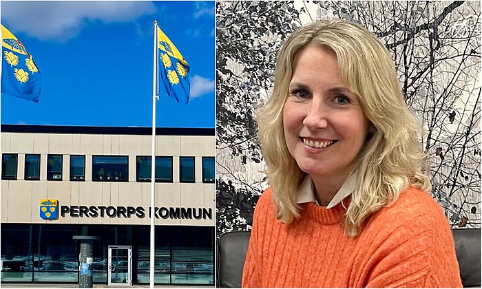 Bildcollage med exteriör Centrumhuset Perstorp med flaggstänger framför där kommunflaggan vajar. Bilden bredvid, Perstorp nya kommundirektör Elin Ask.