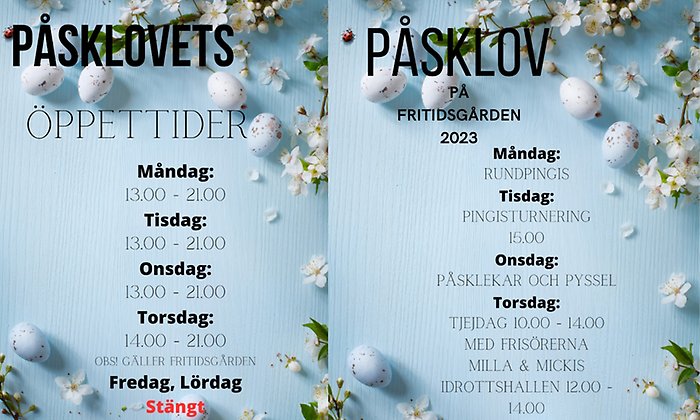 Program och öppettider fritidsgården påsklovet 2023. Informationen står med svart text på bakgrund i blågrön nyans med påsktema.