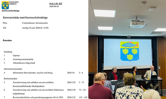 Bildcollage med två bilder där den första är ett skärmklipp från kallelsen till kommunfullmäktige 24 juni 2026 Perstorps Kommun. Bild två visar kommunfullmäktiges presidium där tre personer sitter, två män och en kvinna i mitten.