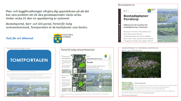 Olika skärmklipp från kartportal och en text som informerar att det sker en uppdatering av systemet vecka 23