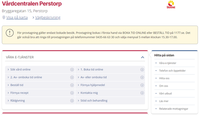 Skärmklipp från 1177.se med information och kontaktuppgifter till vårdcentralen i Perstorp.,
