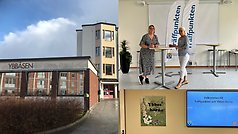 Bildcollage med tre bilder som visar exteriör Ybbåsen, ledarna för Träffpunkten Ybbeshörna, samt informationskylar i entré om verksamheten