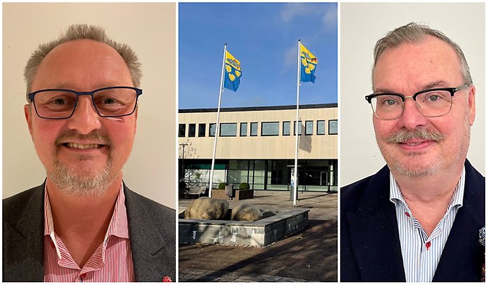 Bildcollage med tre bilder. Portätt kommunstyrelsens ordförande, Centrumhuset och avgående kommundirektör Ulf Bengtsson