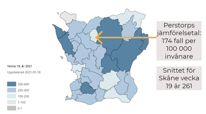 Skånekarta med statistik över antalet konstaterade fall med covid-19 i respektive kommun
