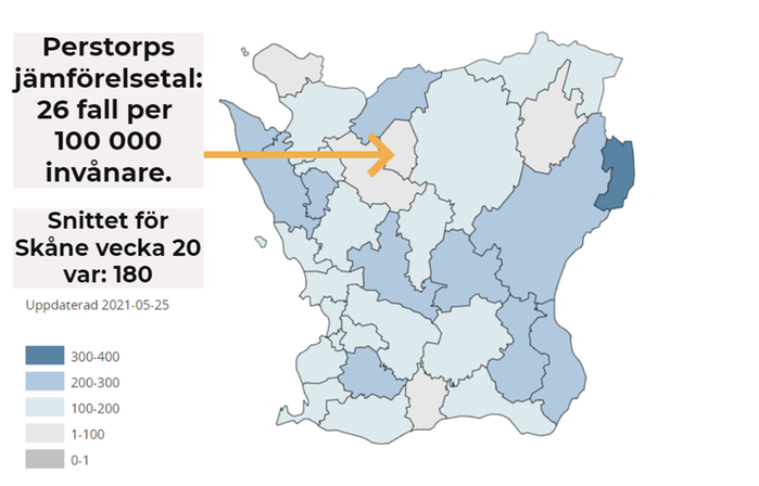 Skånekarta med statistik över antalet konstaterade fall med covid-19 i respektive kommun