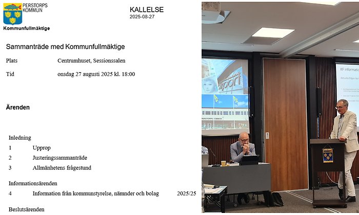 Bildcollage med två bilder där den första är ett skärmklipp från kallelsen till kommunfullmäktige 27 augusti 2025 Perstorps Kommun. Bild två visar en som står i en talarstol och en annan man som sitter vid ett podie framåtlutad.