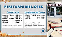 Bildcollage med information om bibliotekets öppettider samt exteriör biblioteket och böcker.