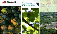 Bildcollage med skärmklipp från St1 och Perstorps industriparks webbplatser. DEssutom kartbild över området och vy över Perstorp Industripark.