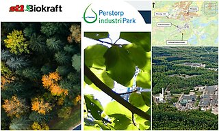 Bildcollage med skärmklipp från St1 och Perstorps industriparks webbplatser. DEssutom kartbild över området och vy över Perstorp Industripark.