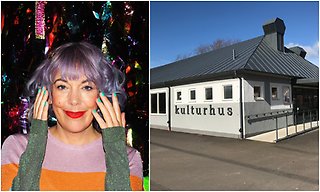 Bildcollage med två bilder där den första visar en kvinna med lila hår håller händerna vid öronen. Andra bilden visar exteriör Kulturhuset Perstorp