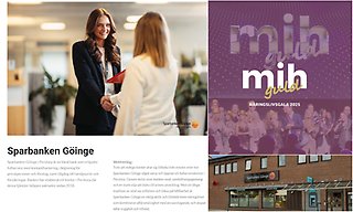 Bildcollage med skärmklipp från MiH.s webbplats för näringslivsgalan 2025.Tre bilder varav en visar exteriör Sparbanken Göinges kontor vid torget i Perstorp