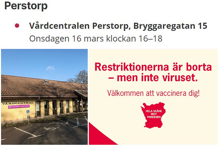Bildcollage med information om drop in vaccination på vårdcentralen