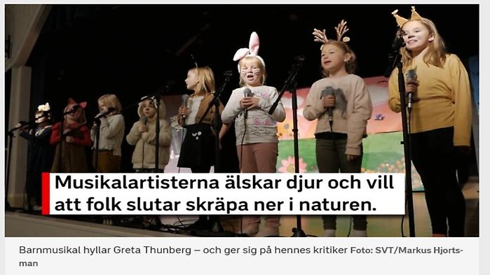 Inslag i SVT om "Save the World" - En musikal om "Greta Thunberg och den globala uppvärmningen". Handlingen kretsar kring djur (älg, rådjur, hare, uggla, ekorre, räv, varg och en isbjörn) som enas i protest när deras livsmiljö förstörs i form av smältande isar och skogsbränder.