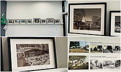 Bildcollage med fyra bilder som visar Perstorpsbilder från nutid och dåtid på en tavellist som sitter på en vit vägg i Centrumhusets foajé.