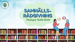 Illustrerad bild med information om samhällsinformation på biblioteket