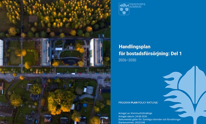 Bildcollage med två bilder som visar fastigheter från ovan och framsidan på ett dokumnet om bostadsförsörjning