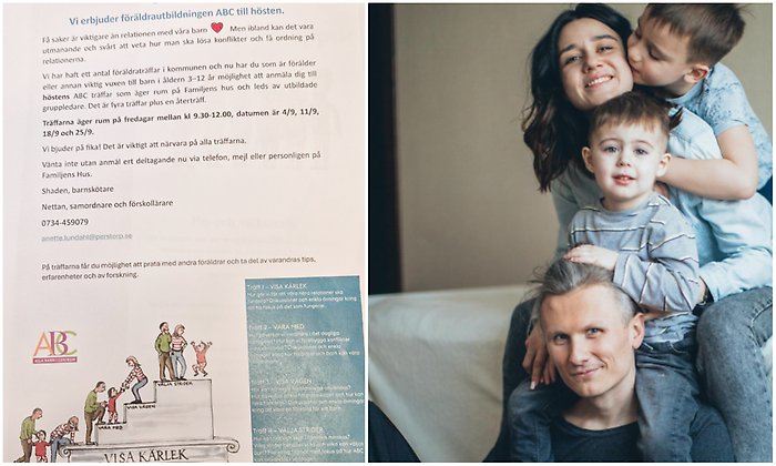 Bildcollage med skriftlig information om ABC-träffar samt en familjen med två vuxna och två barn.