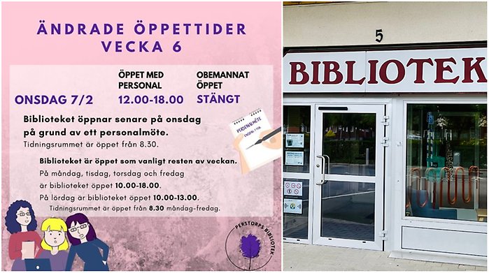 Bildcollage med två bilder där den ena är ena är en illustrerad variant i rosa lila nyans som berättar att biblioteket öppnar senare den 7 februari. Den andra bilden visar exteriör biblioteket.