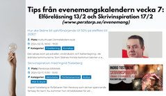 Bildcollage med flera bilder inklusive skärmklipp från evenemangskalender Perstorps kommun där tips finns på aktiviteter. Klippen tipsar om arrangemang den 13 och 17 februari vilket står skrivet med svart text. I bildens vänsterkant ses en hand hålla i en glödlampa.