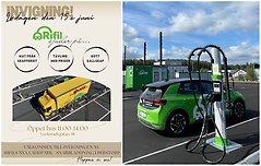 Bildcollage med två bilder som visar affisch med information om invigning av laddstation. Den andra bilden visar laddstationen som ligger på Verkstadsgatan i Perstorp
